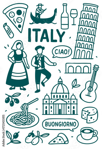 Hand Drawn Italy Culture Illustration Set – Traditional People, Music, Dance, Food, and Symbols