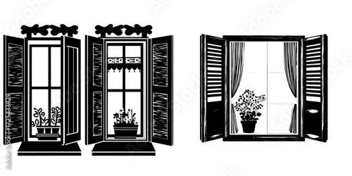 A white background isolates mediterranean-style wooden windows with open shutters, which are paired with a modern cartoon set of house windows that have colored frames, curtains, and flower pots on