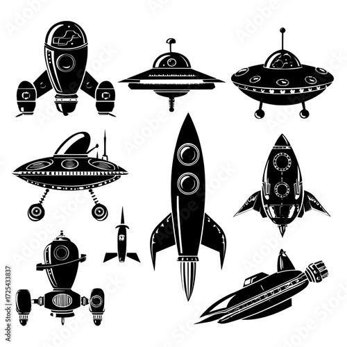 Cartoon spaceships, UFO rockets, and bizarre fantasy shuttles are featured in a set of computer-generated graphic design elements on a blue background