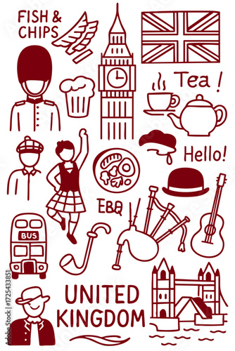 Hand Drawn United Kingdom Icon Set – British Landmarks, Culture, Food and Travel Elements