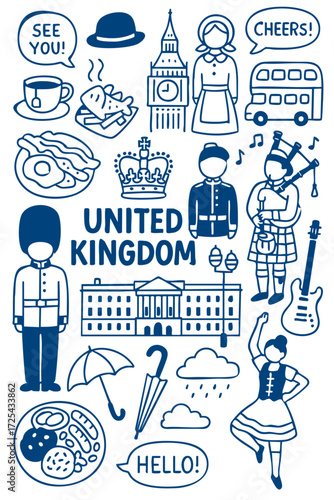 Hand Drawn United Kingdom Icon Set – British Landmarks, Culture, Food and Travel Elements