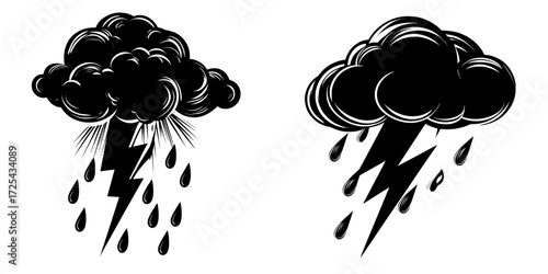 A thunderstorm with rain, lightning, and clouds is depicted in a modern realistic illustration set against a transparent background with cold storm weather, wind, rainfall, and thunderbolt strikes