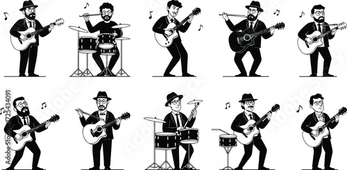 Cartoon musician character illustrations playing guitar, drums, acoustic, electric, performance poses, musical notes, entertainment, band artwork design sequence