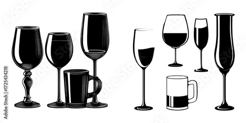 Empty glassware for alcoholic drinks, comprising tequila, whisky, beer tankards, and tempranillo wine glasses, are positioned in a row against a white backdrop in a modern 3D illustration