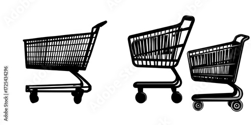 An empty supermarket cart is depicted in a 3D modern illustration, isolated on a white background, symbolizing equipment used by customers in grocery and store markets