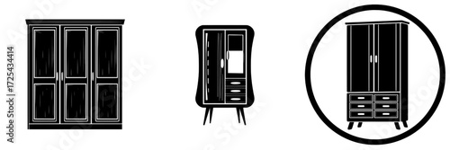 Retro wardrobe and wooden furniture serve as interior elements in a modern cartoon isolated illustration