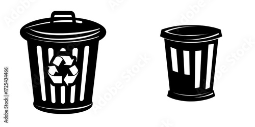 The illustration is a modern cartoon depiction of a waste basket, shown as an isolated icon, filled with junk and trash