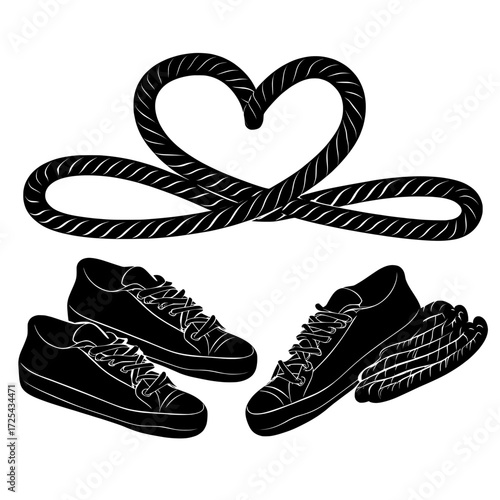 Modern illustrations of shoelaces and boot cords in various arrangements, including linear and heart shapes, are showcased on a white background for sportswear accessories