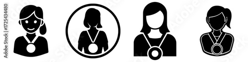 The icon depicts a woman with a round medal signifying first place and a competition winner