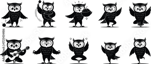 Cartoon owl character illustrations, yoga, meditation, cooking, music, dancing, fitness, mindfulness, cute animal mascot, black and white drawing, vector art
