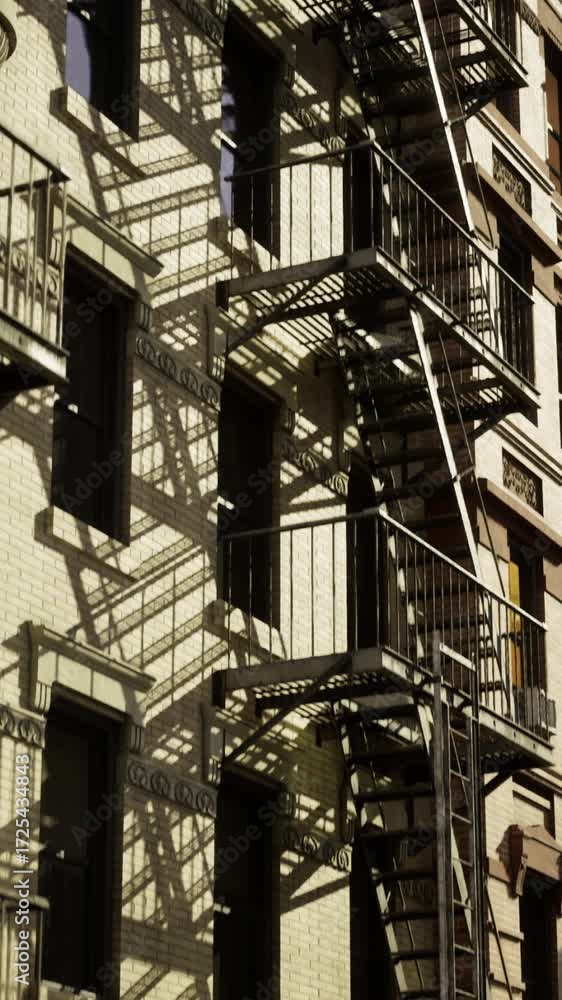 custom made wallpaper toronto digitalFire escapes intertwine along the facade of a vintage building with modern skyscrapers looming in the background. The golden hour casts dramatic shadows, evoking a sense of history and urban vibrance.