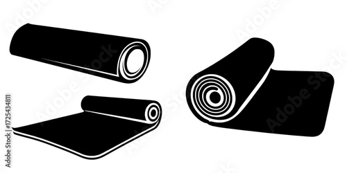 Realistic modern illustration of a purple rolled yoga mat from the top and side, used for fitness exercises, stretching, meditation, and sports workouts on the floor, depicted as a flat aerobics rug