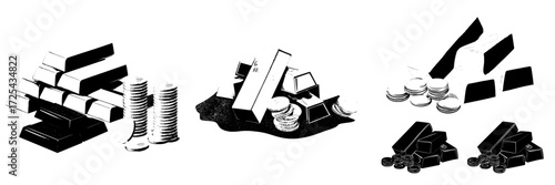 The concept of financial reserve is represented by isolated golden bars, yellow metal ingots, and coins set against a white backdrop