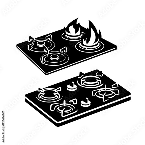 Realistic 3D illustrations of kitchen burners, including hotplates, a gas stove with a blue flame, and an electric coil with a red spiral, viewed from the top and side