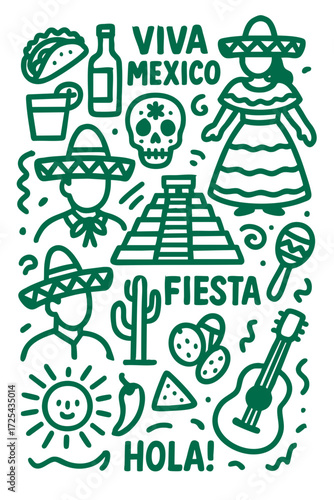 Mexico Culture Illustration Set – Traditional People, Music, Dance, Food, and Symbols