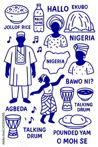 Nigeria Culture Illustration Set – Traditional People, Music, Dance, Food, and Symbols
