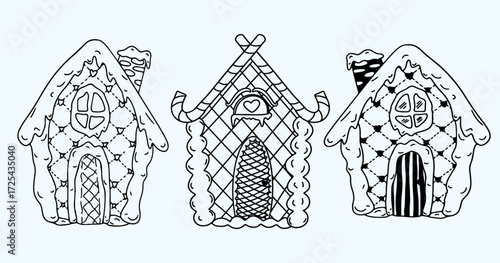 Set of Christmas gingerbread houses hand drawn in doodle style.