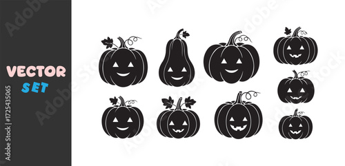 Collection of hand drawn black and white halloween pumpkins with carved faces