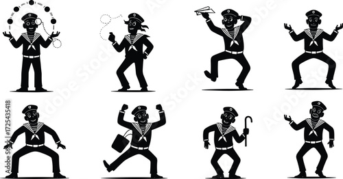 Cartoon sailor silhouette character illustrations juggling, walking, whistling, paper airplane, umbrella, expressive poses, nautical uniform artwork, storytelling design sequence