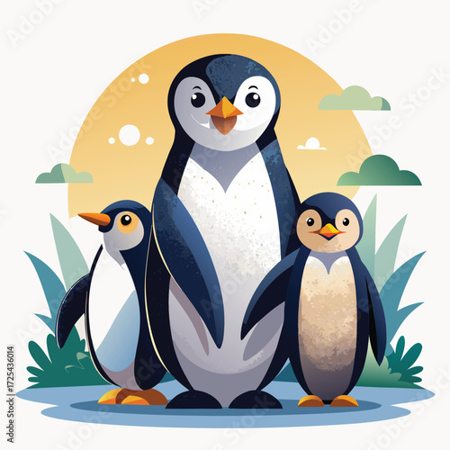 Cute cartoon penguin family with parents and two children
