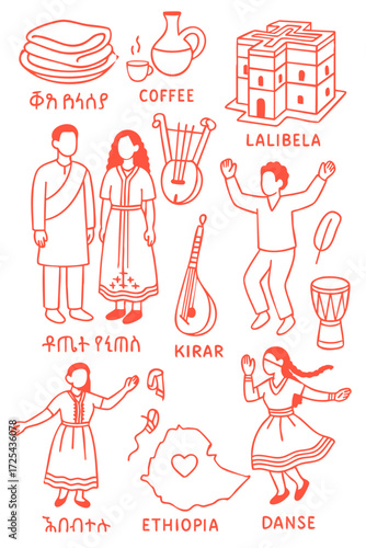 Ethiopian Culture Illustration Set – Traditional People, Music, Dance, Food, and Symbols