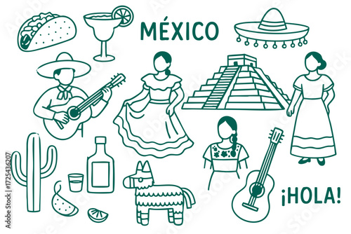 Mexico Culture Illustration Set – Traditional People, Music, Dance, Food, and Symbols