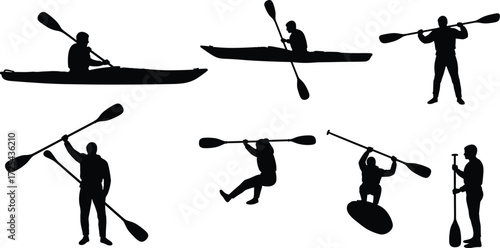 Kayaking silhouettes, paddleboarding poses, water sport activity, outdoor recreation, paddling posture, fitness lifestyle, human gesture, aquatic exercise,