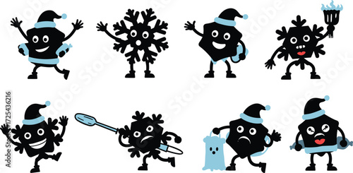 Cartoon snowflake characters, funny ice figures, winter icons, cute snowflake illustration, cold weather art, frosty design, snowflake vector, holiday cartoon, icy character, creative artwork