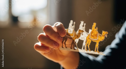 Child hand holding paper craft of three wise men riding camels. Christmas religious art and education for kid. Christian holiday decor.