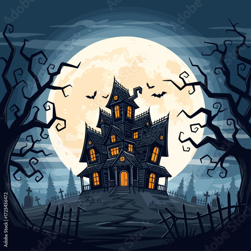 Mysterious haunted house on a creepy hill with a full moon backdrop and a spooky graveyard scene
