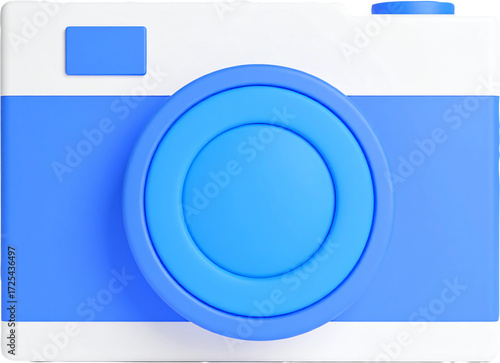 Blue and white camera icon with large lens representing photo memory
