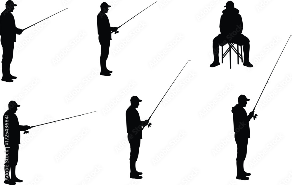 Obraz premium Fishing silhouettes, recreational angling, standing fisherman, seated fishing, fishing rod posture, outdoor sport, human gesture, lifestyle hobby, activity illustration