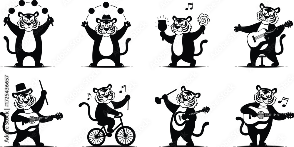 Naklejka premium Cartoon tiger character, funny tiger illustration, musical tiger artwork, tiger playing guitar, tiger juggling balls, tiger riding bicycle, circus tiger, entertainment design