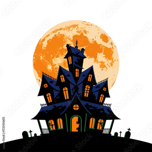 Whimsical spooky haunted mansion silhouetted by an ominous orange full moon on Halloween night