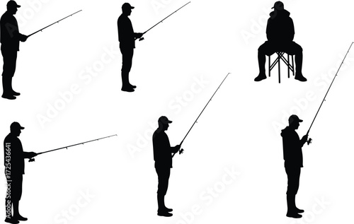 Fishing silhouettes, recreational angling, standing fisherman, seated fishing, fishing rod posture, outdoor sport, human gesture, lifestyle hobby, activity illustration