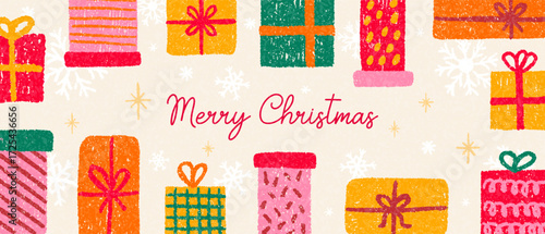 Merry Christmas and Happy New Year web banner or greeting card, poster. Holiday trendy Xmas art hand drawn crayon design. Vector modern background with gifts and snowflake pattern. Minimal card, flyer