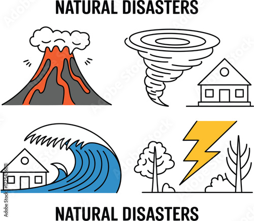 Illustrations depict common natural disasters like volcanoes, tornados, tsunamis, and lightning strikes.