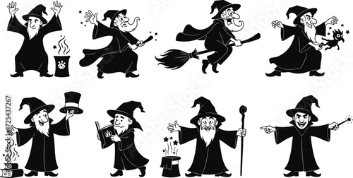 Cartoon wizard characters, magical illustration, fantasy sorcerer drawing, black and white wizard clipart, magic spell art, enchanted wizard artwork, broomstick
