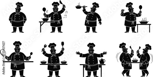 Chef silhouette illustration, cooking poses, culinary art, kitchen activity, professional chef icons, restaurant design, food preparation, gastronomy concept, vector artwork