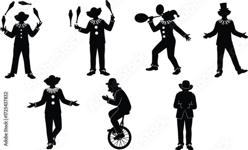 Clown silhouettes performing circus acts, juggling unicycle balloons entertainment, comedy performer vector illustration, black silhouette design, carnival show collection