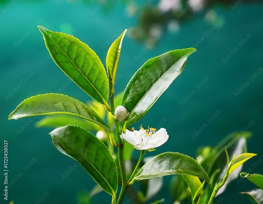 Obraz premium lush green foliage and tiny white flowers of a tea plant branch offer a close up view of natural beauty