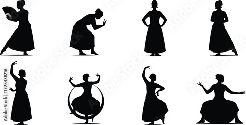 Dance silhouette illustration with expressive poses, fan prop, circular elements, dynamic body movement, artistic choreography, performance artwork design sequence
