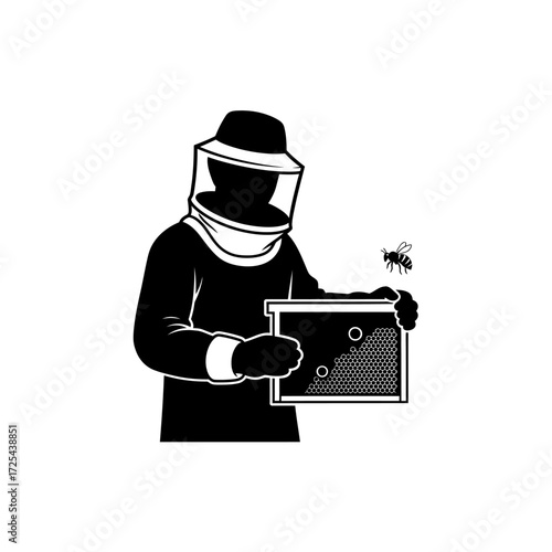 Beekeeper silhouette inspecting honeycomb with a bee buzzing nearby, perfect for agricultural, honey, and nature themes with a clean, modern design