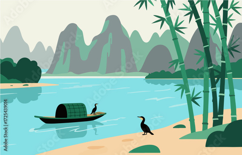 Graphic illustration style, landscape image, vector image