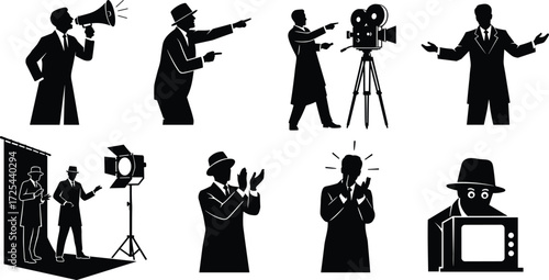 Film production silhouettes, director with megaphone, camera operator, presenter, studio setup, clapping audience, vintage television, filmmaking illustration, cinematic vector design