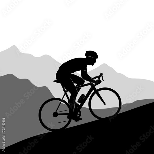 Dynamic cyclist conquering mountain terrain in monochrome silhouette, evoking strength, endurance, and the thrill of competitive cycling adventures