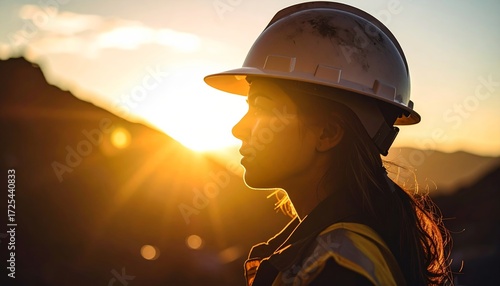 Empowered woman miner silhouetted against a radiant sunset, embodying hard work