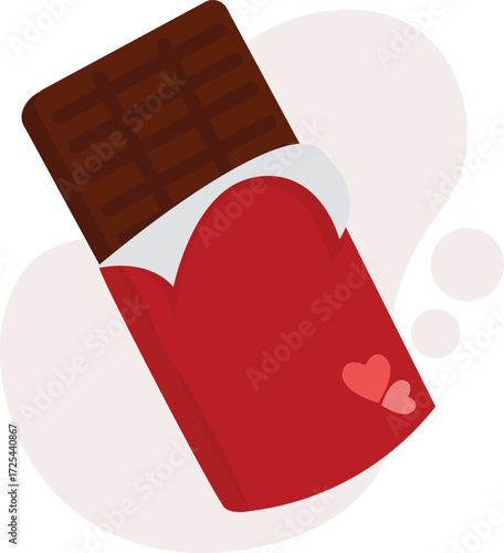 Chocolate bar in red wrapper with heart design, partially unwrapped.