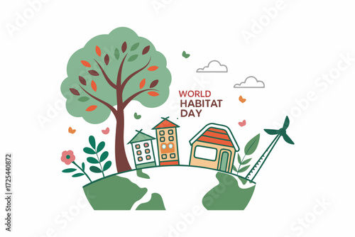 Illustrative depiction of World Habitat Day featuring a stylized Earth with houses, a tree, and a wind turbine vector