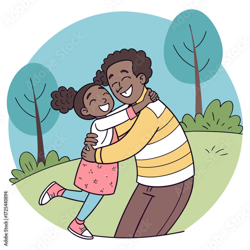 Affectionate hug between father and daughter outdoors.